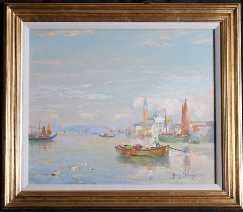 fig 1. An impressionist oil painting on canvas depicting a luminous Venetian harbour with boats and San Giorgio Maggiore under a pale blue sky.