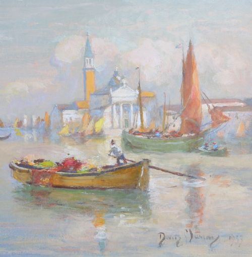 fig 2. An impressionist oil painting on canvas depicting a luminous Venetian harbour with boats and San Giorgio Maggiore under a pale blue sky.