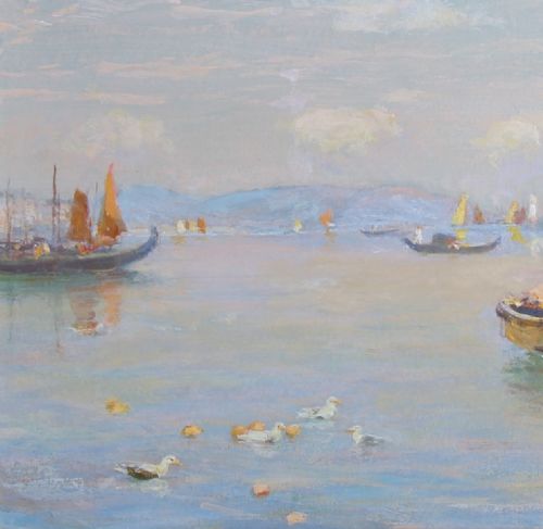 fig 3. An impressionist oil painting on canvas depicting a luminous Venetian harbour with boats and San Giorgio Maggiore under a pale blue sky.
