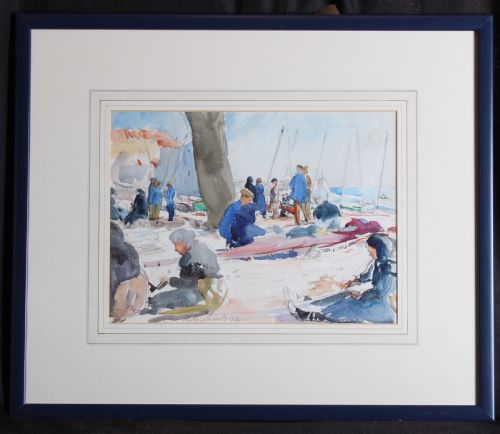 fig 1. A watercolour painting depicting figures seated along a shore mending fishing nets beside boats, executed in shades of blue, grey, and ochre.