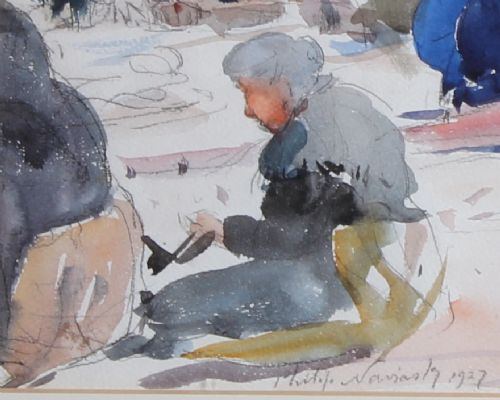 fig 2. A watercolour painting depicting figures seated along a shore mending fishing nets beside boats, executed in shades of blue, grey, and ochre.