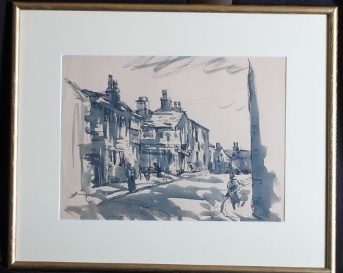 fig 1. A monochrome blue and grey watercolour sketch depicting a historic street scene in Heaton, Bradford with stone buildings, chimney pots, and figures.