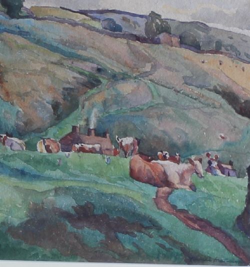 A watercolour landscape painting depicting leafy trees, rolling green pastures, wooden fencing, and grazing livestock under a cloudy sky. View VI