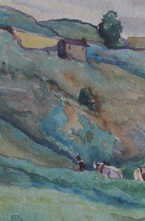 A watercolour landscape painting depicting leafy trees, rolling green pastures, wooden fencing, and grazing livestock under a cloudy sky. View VII