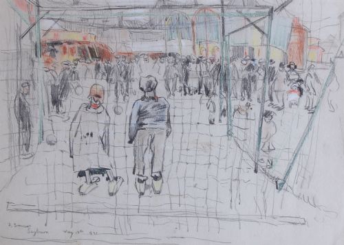 Fred Lawson. "May Fair, Leyburn". Landscape Ink Watercolour Drawing.