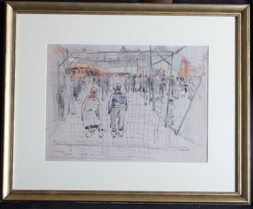 fig 1. An original graphite pencil and ink drawing on paper depicting a crowd scene at the Leyburn May Fair, dated 13 May 1921.