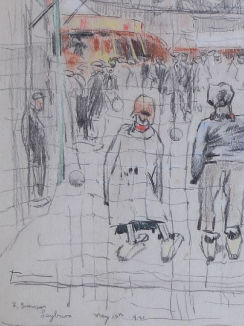 fig 2. An original graphite pencil and ink drawing on paper depicting a crowd scene at the Leyburn May Fair, dated 13 May 1921.