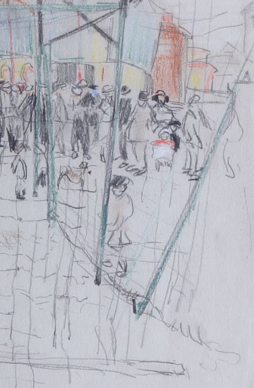 fig 3. An original graphite pencil and ink drawing on paper depicting a crowd scene at the Leyburn May Fair, dated 13 May 1921.