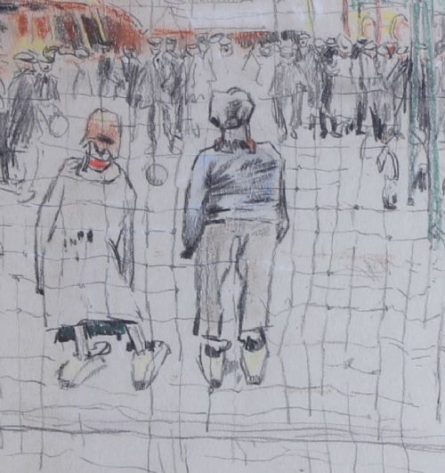 fig 4. An original graphite pencil and ink drawing on paper depicting a crowd scene at the Leyburn May Fair, dated 13 May 1921.