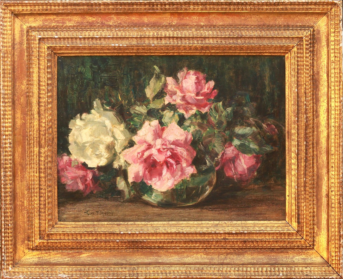 Still life oil of 'Primulas' by Elsie May Dawson (Mrs. Elsie May Robson) (Exh. 1920-1959)