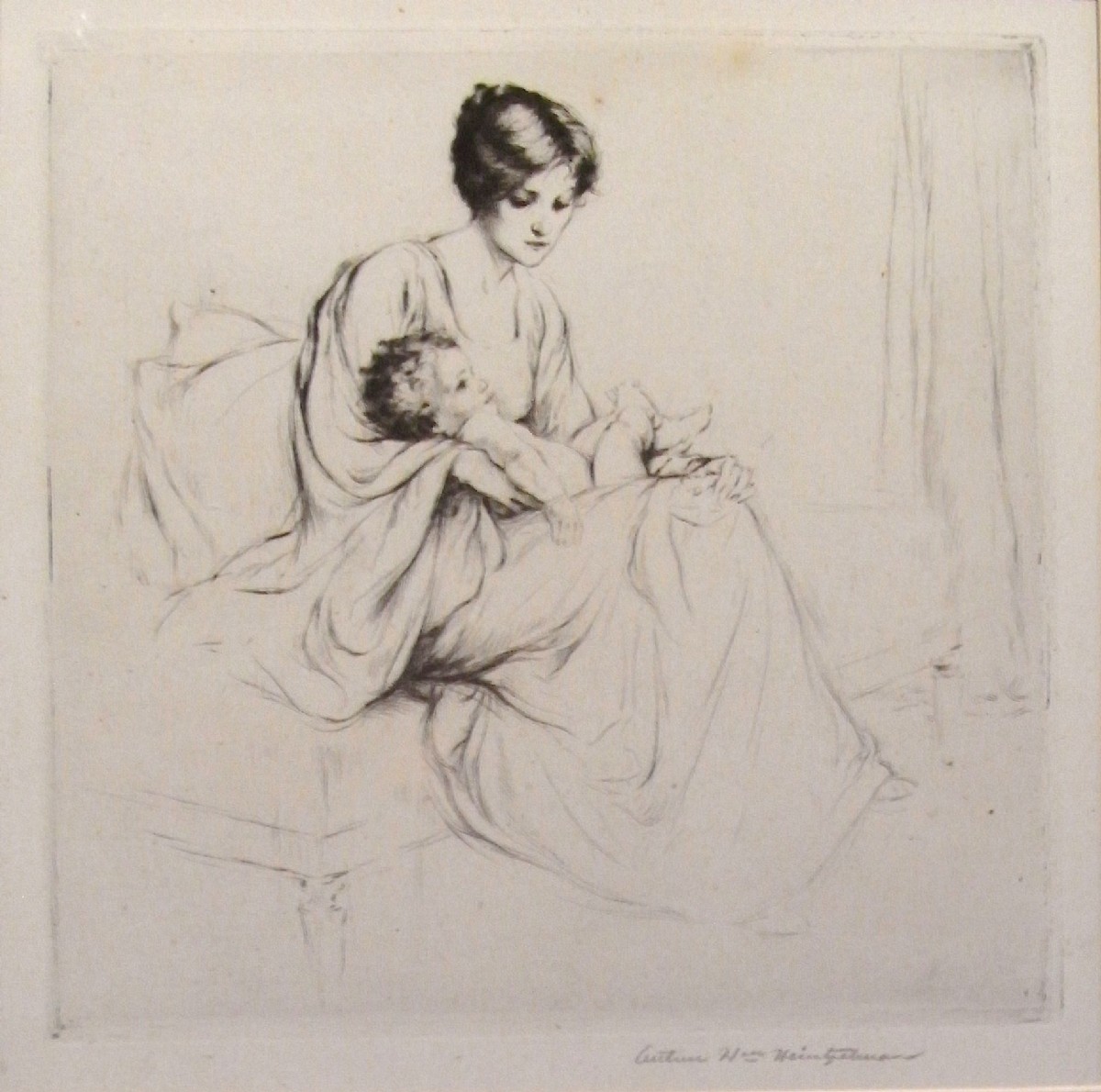 Dry point etching by Arthur W Heintzelman (American) 1891- 1965 - 'Mother and child'