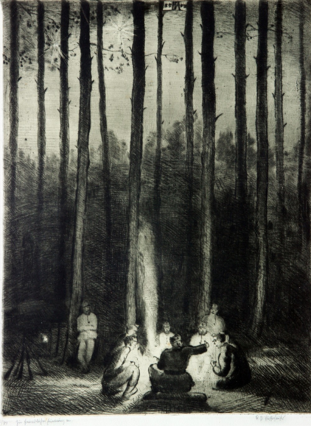 Etching by Rudolph Paul Hirschenhauser (b.1882 Austria) 'Austro Hungarian Soldiers round a camp fire'
