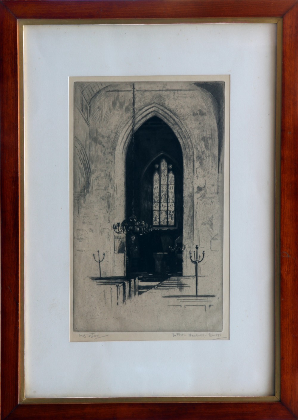 Etching by Miss Inez Topham. 'The Font, Henbury, Bristol'