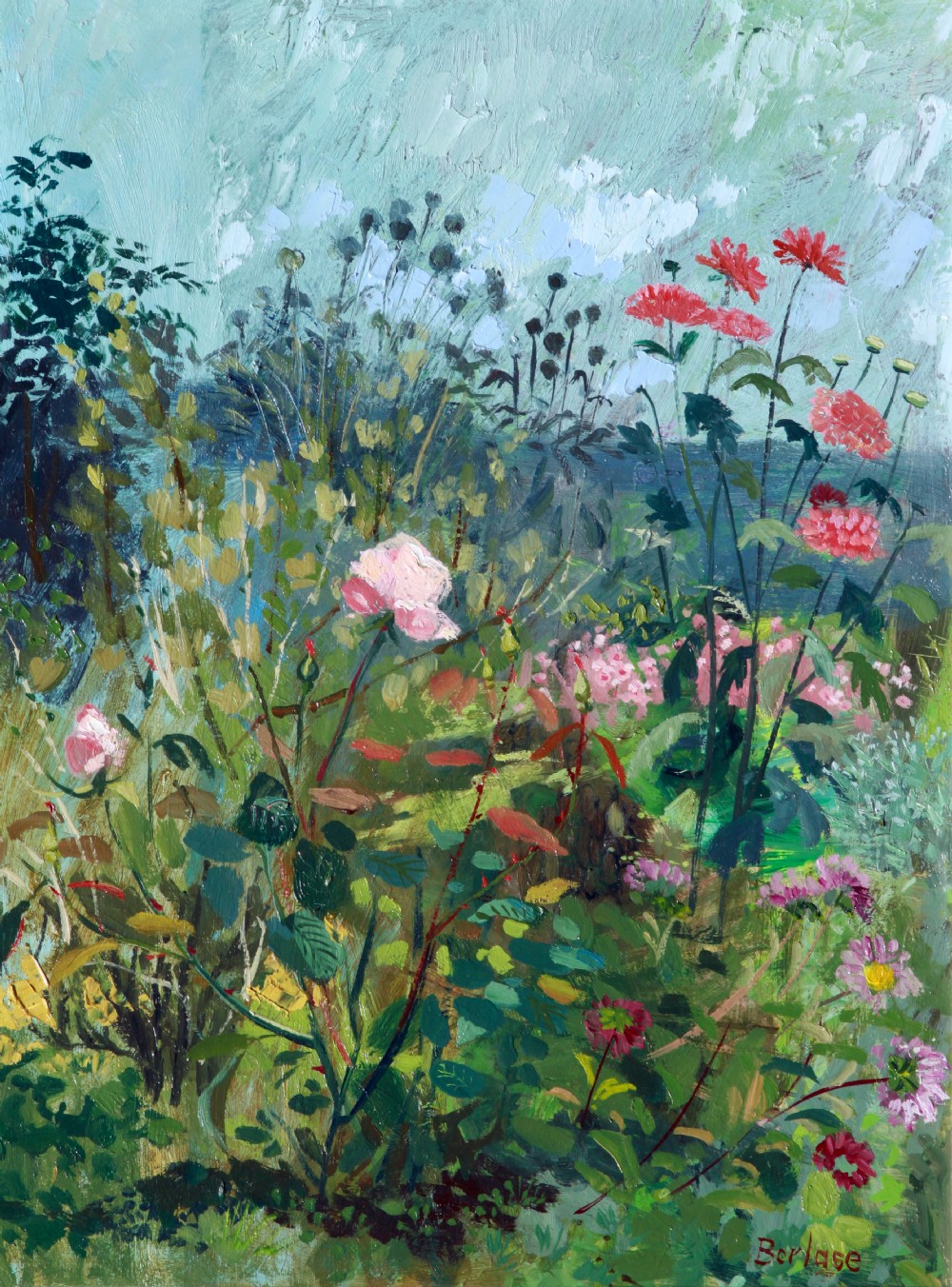 Charming oil by Deirdre Borlase A.R.C.A (b.1925) of 'Garden Flowers'.