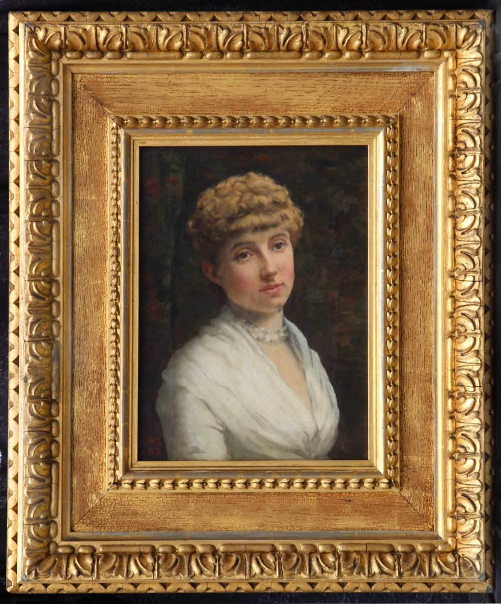 A fine Pre-Raphaelite portrait by Mrs Caroline W Brook of a lady in white.