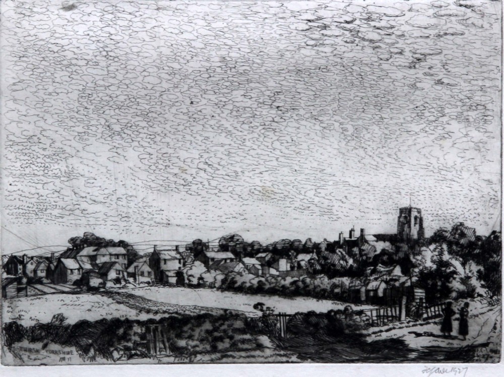 Town scene etching (print) by Fred Cecil Jones R.B.A. (1891-1956) of 'Thirsk, Yorkshire'