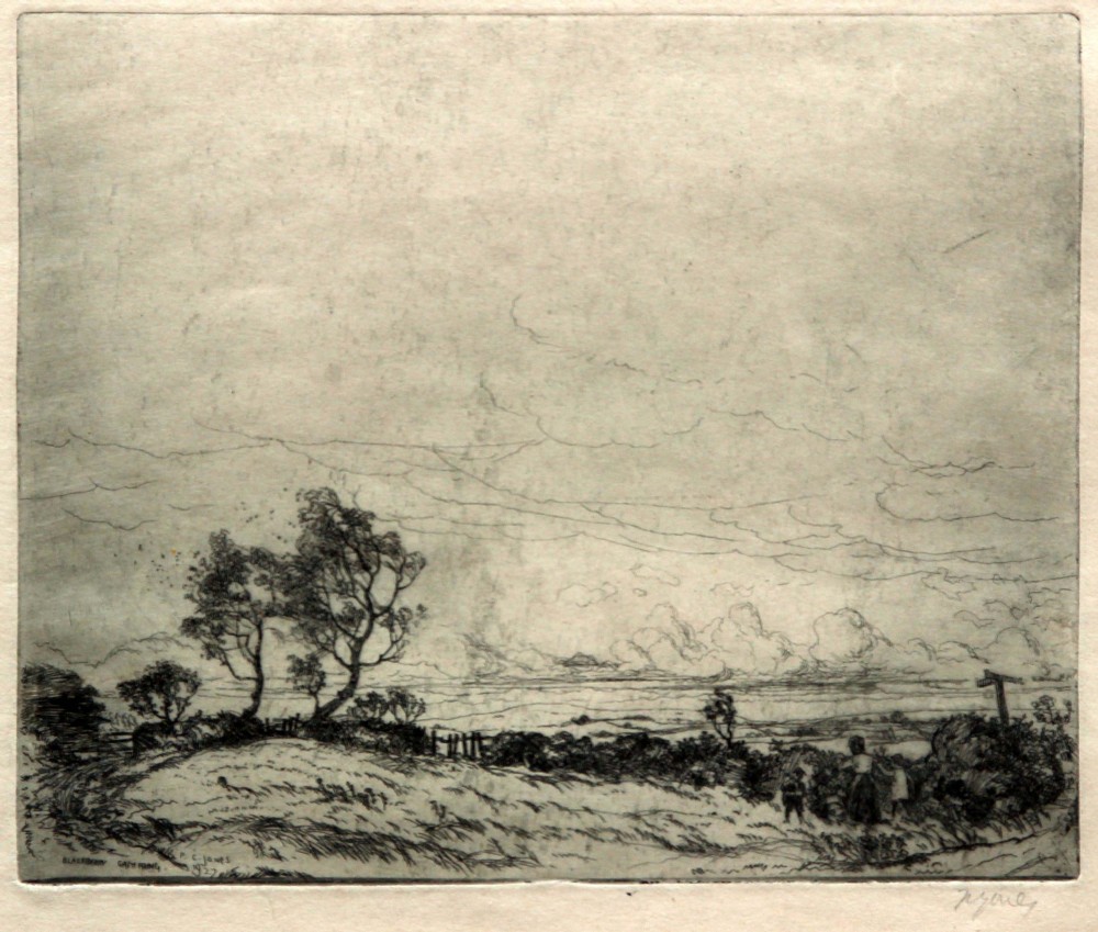 Landscape etching print by Fred Cecil Jones R.B.A. (1891-1956) of 'Blackberry gathering'