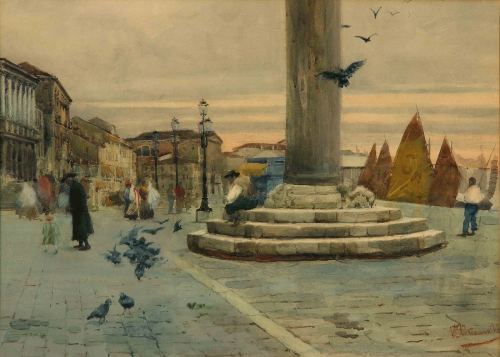 An antique watercolour painting capturing the Piazzetta in Venice with stone columns, figures gathered in the square, pigeons on the ground, and warm-sailed boats in the harbour.