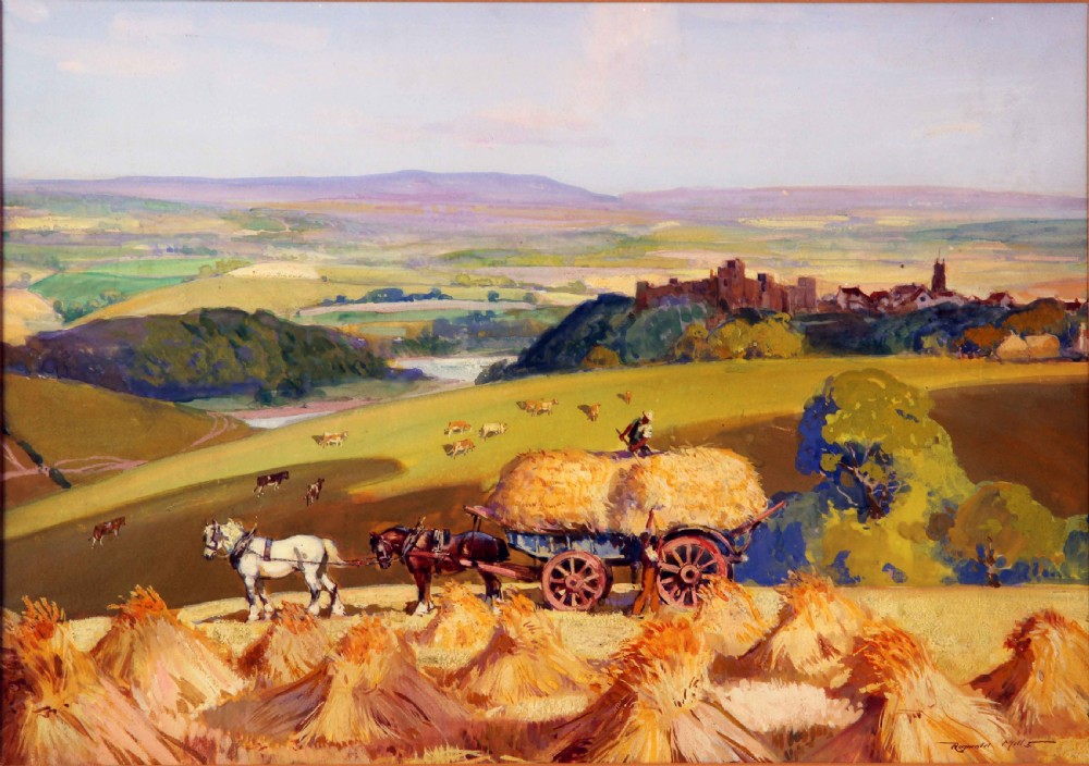 A landscape gouache painting depicting a harvest scene with a horse-drawn hay wagon, wheat stooks, and Arundel Castle on the distant horizon under a pale blue sky.