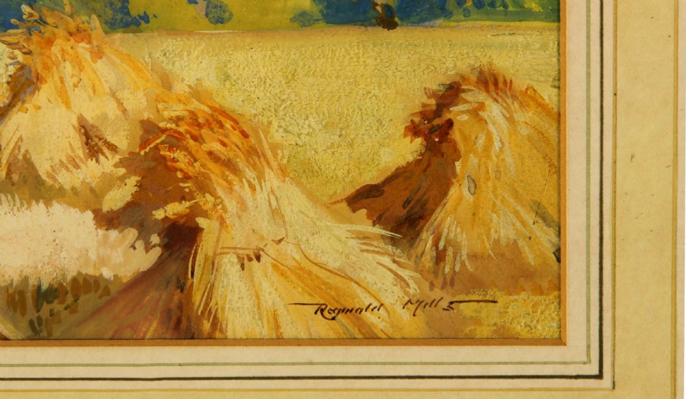 A landscape gouache painting depicting a harvest scene with a horse-drawn hay wagon, wheat stooks, and Arundel Castle on the distant horizon under a pale blue sky. View III