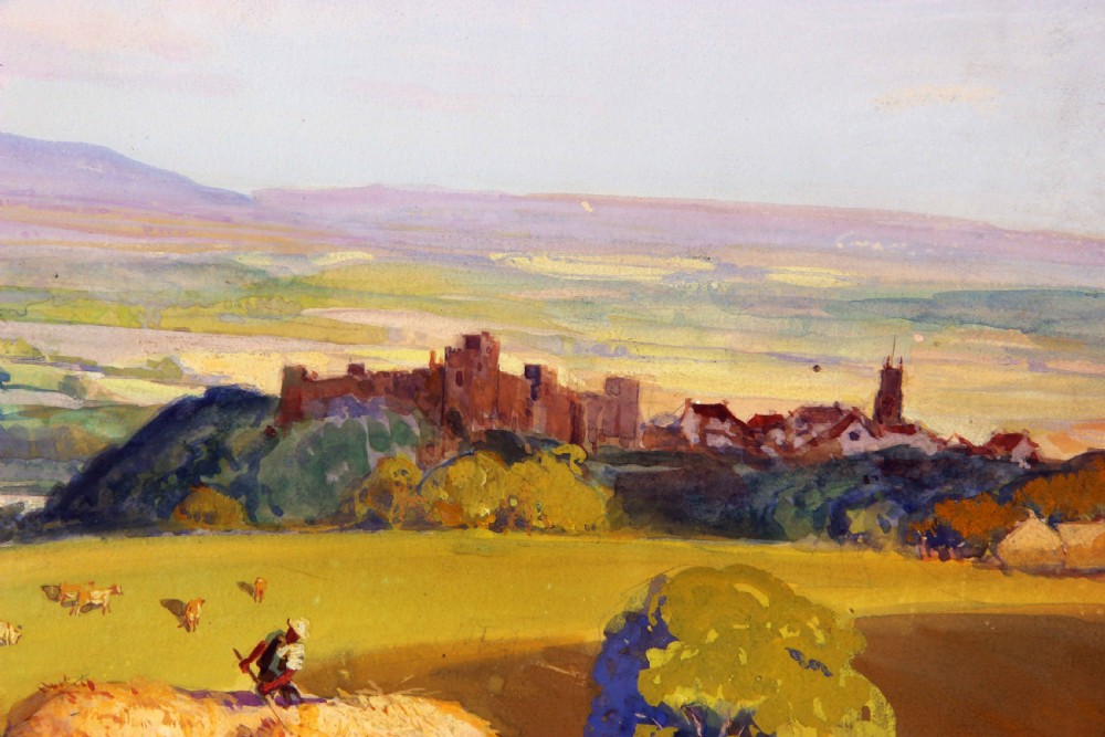 A landscape gouache painting depicting a harvest scene with a horse-drawn hay wagon, wheat stooks, and Arundel Castle on the distant horizon under a pale blue sky. View IV