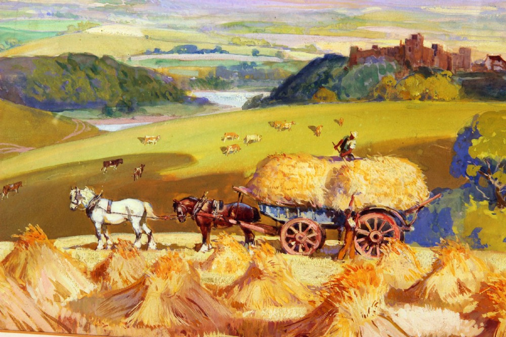 A landscape gouache painting depicting a harvest scene with a horse-drawn hay wagon, wheat stooks, and Arundel Castle on the distant horizon under a pale blue sky. View V