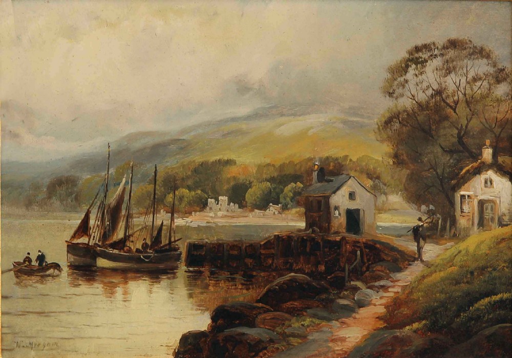 An antique oil painting depicting a river scene with masted boats moored near a stone pier, cottage, and distant hills.