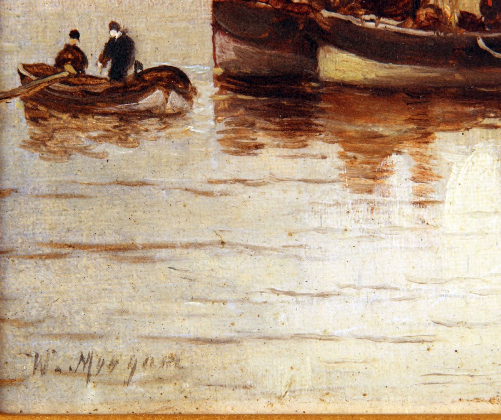 An antique oil painting depicting a river scene with masted boats moored near a stone pier, cottage, and distant hills. View III