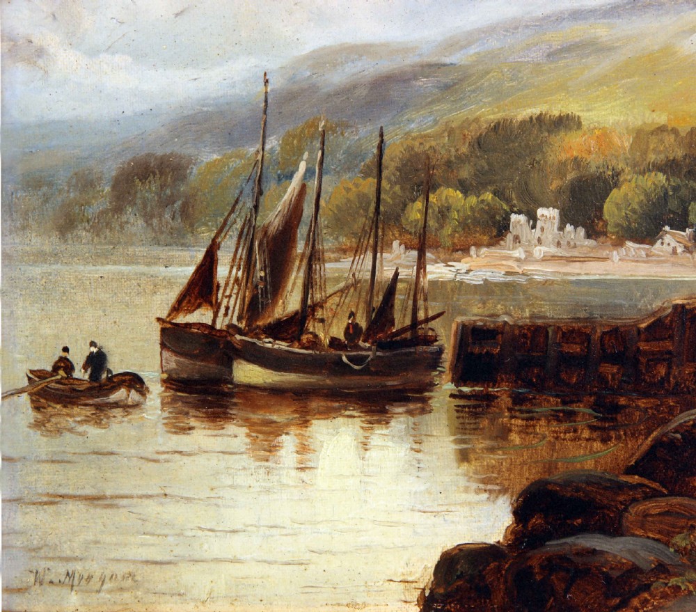 An antique oil painting depicting a river scene with masted boats moored near a stone pier, cottage, and distant hills. View IV