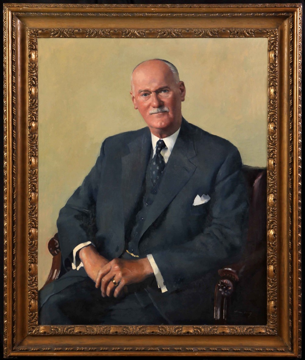 An oil portrait on canvas depicting a seated gentleman named Arthur Howell wearing a dark navy three-piece suit against a light yellow background. View II
