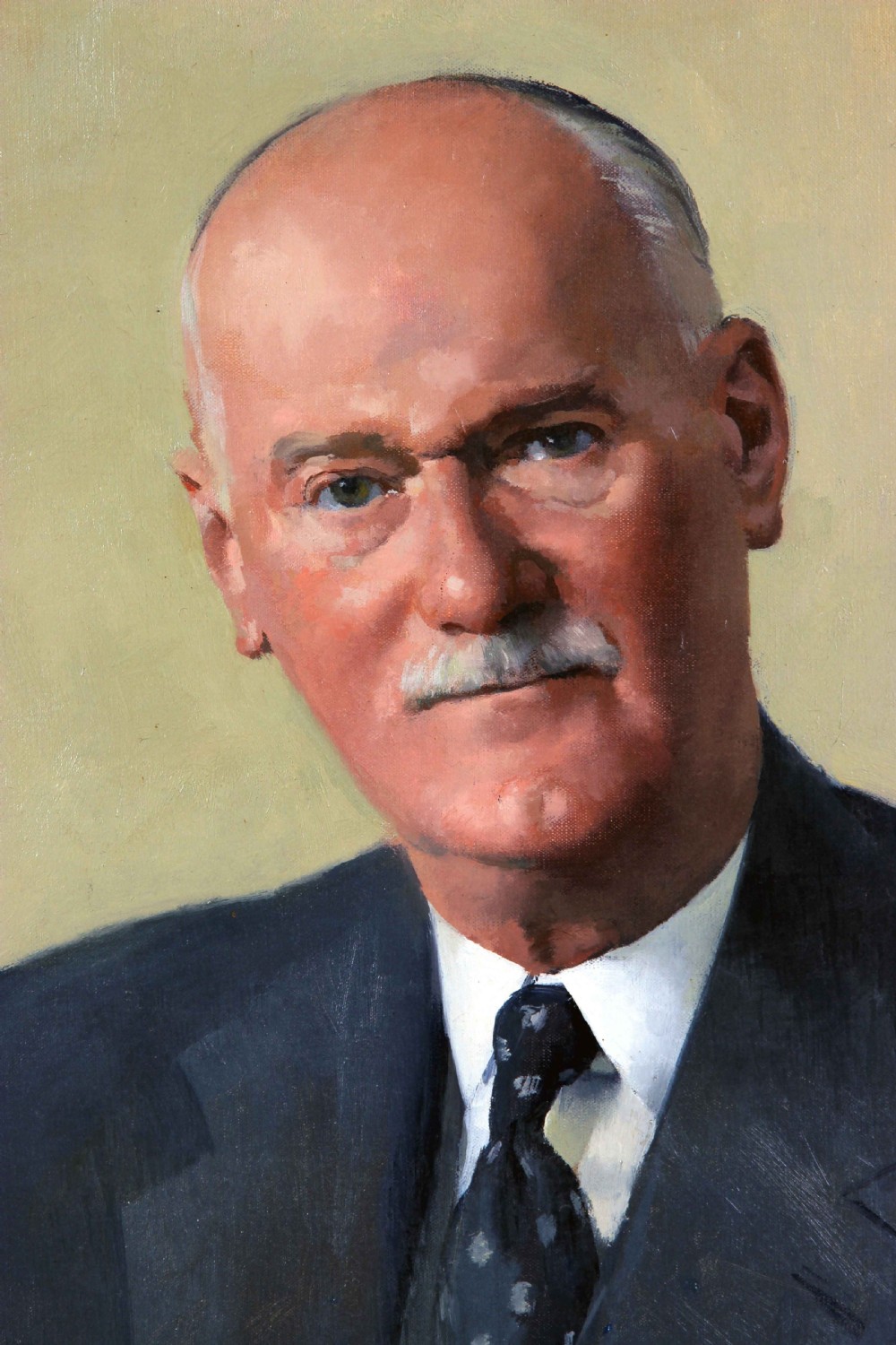 An oil portrait on canvas depicting a seated gentleman named Arthur Howell wearing a dark navy three-piece suit against a light yellow background. View III