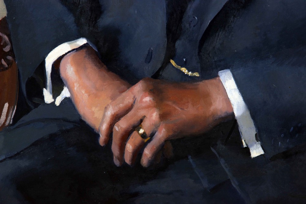 An oil portrait on canvas depicting a seated gentleman named Arthur Howell wearing a dark navy three-piece suit against a light yellow background. View V