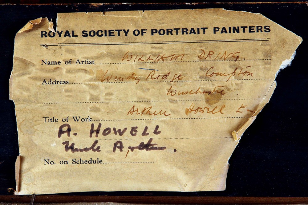 An oil portrait on canvas depicting a seated gentleman named Arthur Howell wearing a dark navy three-piece suit against a light yellow background. View VI