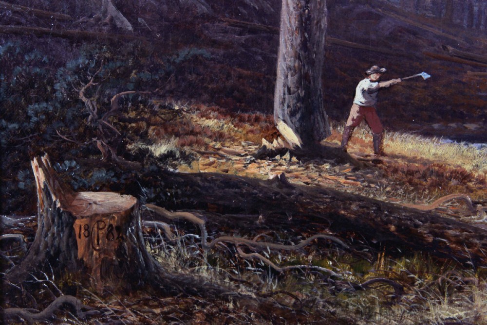 A nineteenth-century oil painting depicting the sunlit pink peaks of the Langdale Pikes overlooking Blea Tarn with tall pine trees and a figure in the foreground. View III