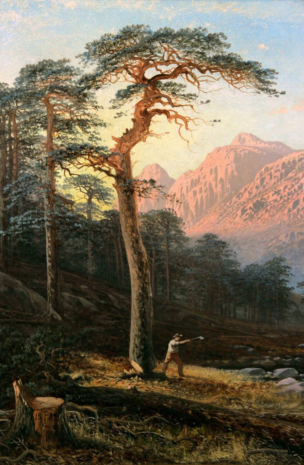 A nineteenth-century oil painting depicting the sunlit pink peaks of the Langdale Pikes overlooking Blea Tarn with tall pine trees and a figure in the foreground. View IV