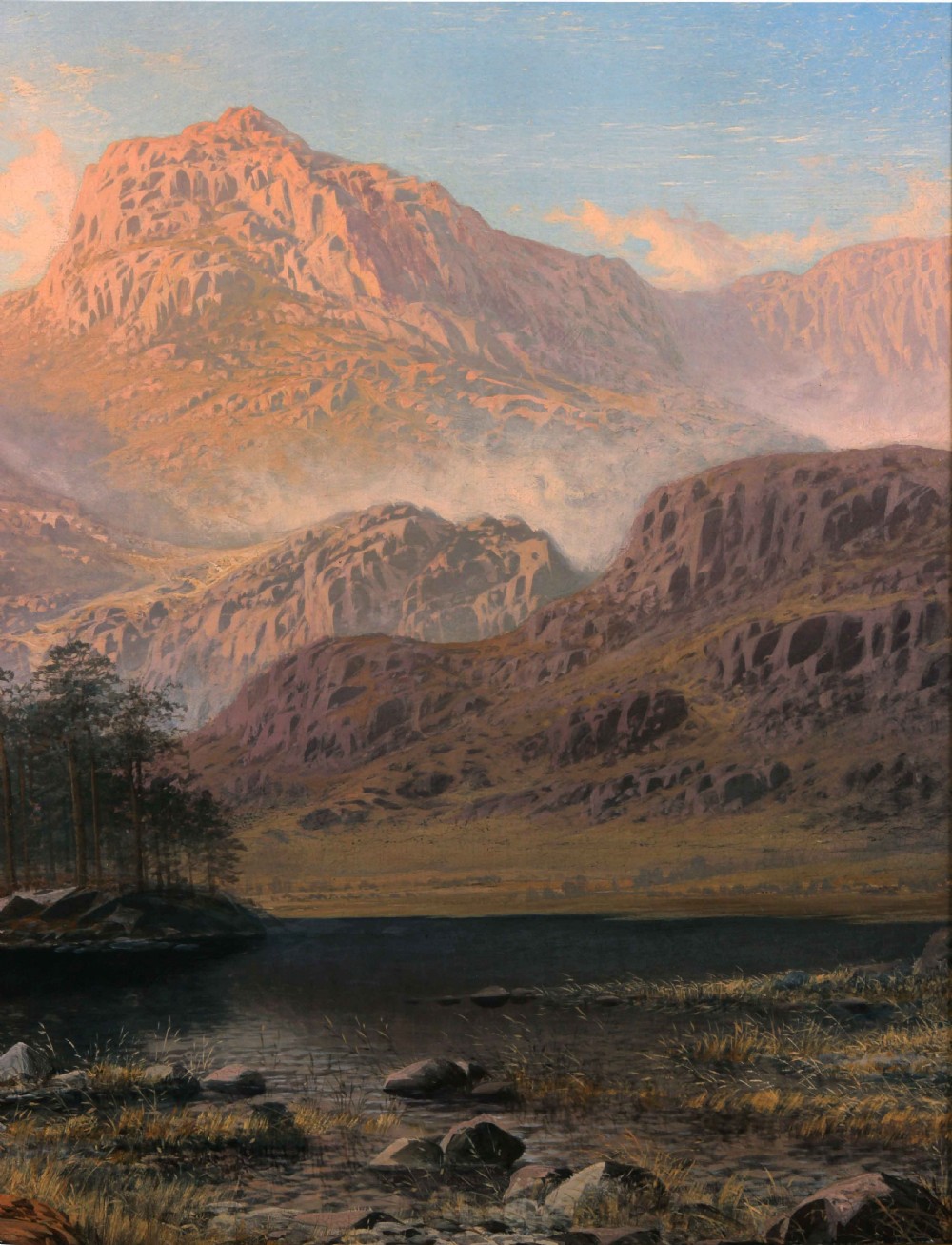A nineteenth-century oil painting depicting the sunlit pink peaks of the Langdale Pikes overlooking Blea Tarn with tall pine trees and a figure in the foreground. View VI