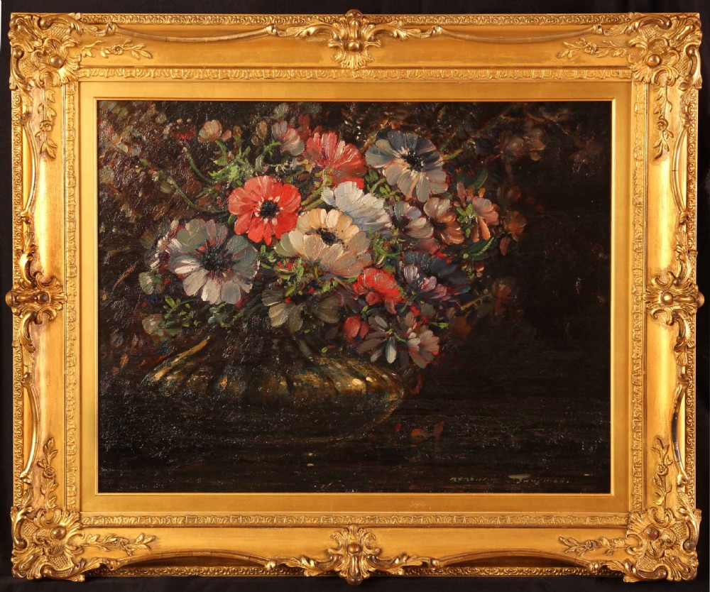 A dark oil painting depicting red, white, and lilac anemones in a vase, housed within a deeply carved gold gilt frame.