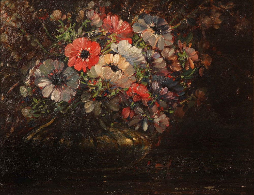 A dark oil painting depicting red, white, and lilac anemones in a vase, housed within a deeply carved gold gilt frame. View II
