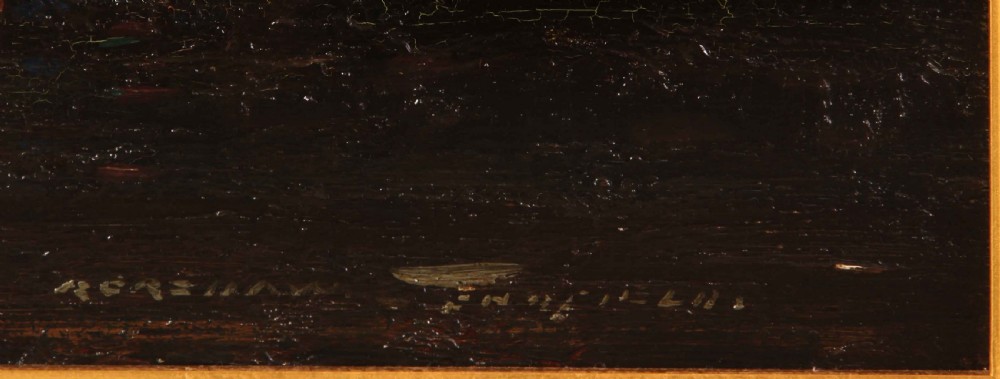A dark oil painting depicting red, white, and lilac anemones in a vase, housed within a deeply carved gold gilt frame. View III