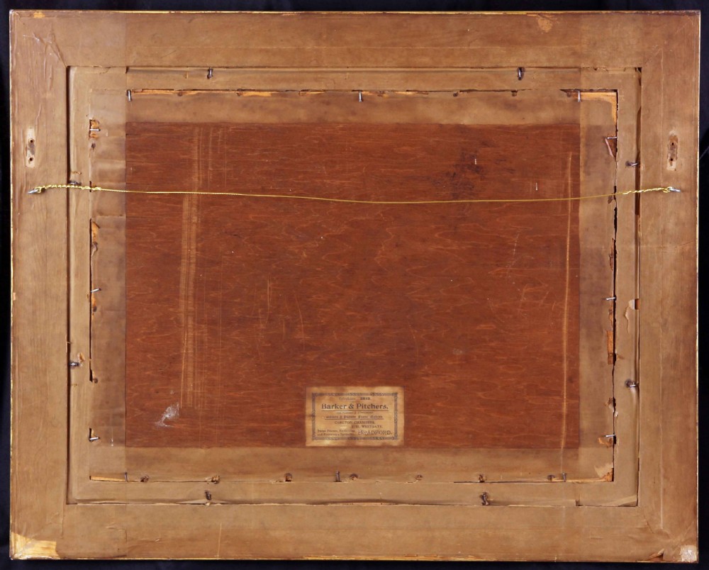 A dark oil painting depicting red, white, and lilac anemones in a vase, housed within a deeply carved gold gilt frame. View VI