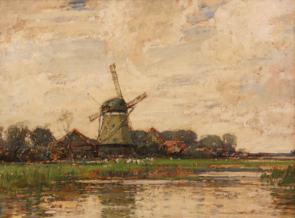 A large oil painting depicting a green Dutch polder landscape with a central windmill under a cloudy sky, framed in an ornate gold gilt frame. View II