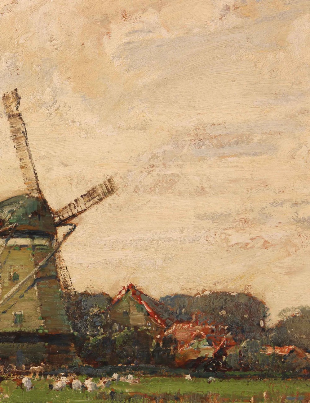 A large oil painting depicting a green Dutch polder landscape with a central windmill under a cloudy sky, framed in an ornate gold gilt frame. View VI