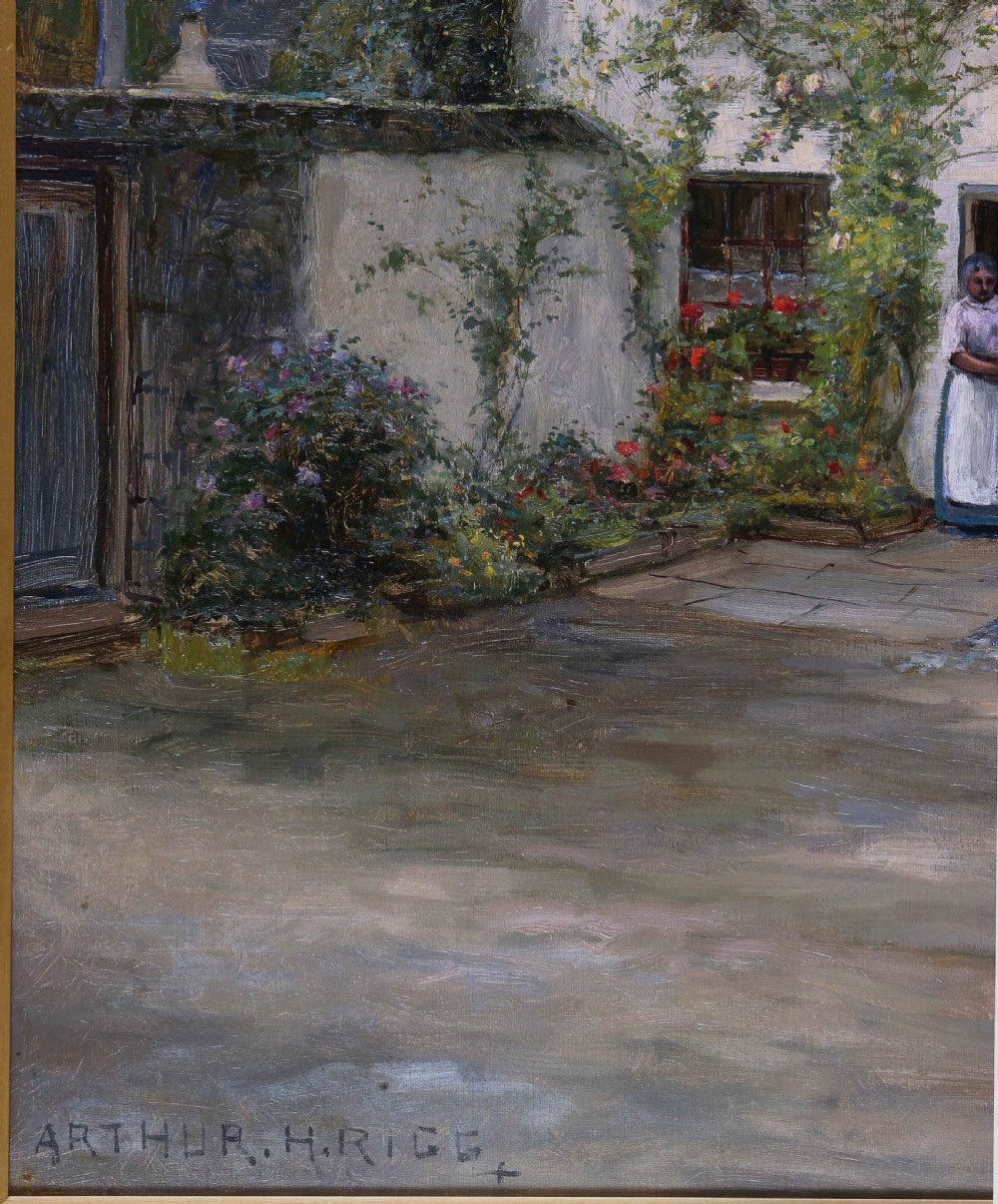 An antique oil painting depicting a whitewashed rural cottage with figures in the courtyard, housed in a molded gold gilded frame. View III