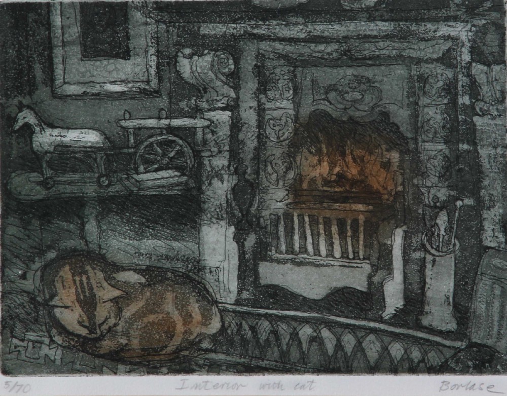 A colour etching depicting a sleeping cat on a surface in the foreground, set against a detailed fireplace hearth with decorative tiles and objects.