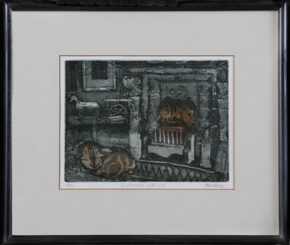 A colour etching depicting a sleeping cat on a surface in the foreground, set against a detailed fireplace hearth with decorative tiles and objects. View II