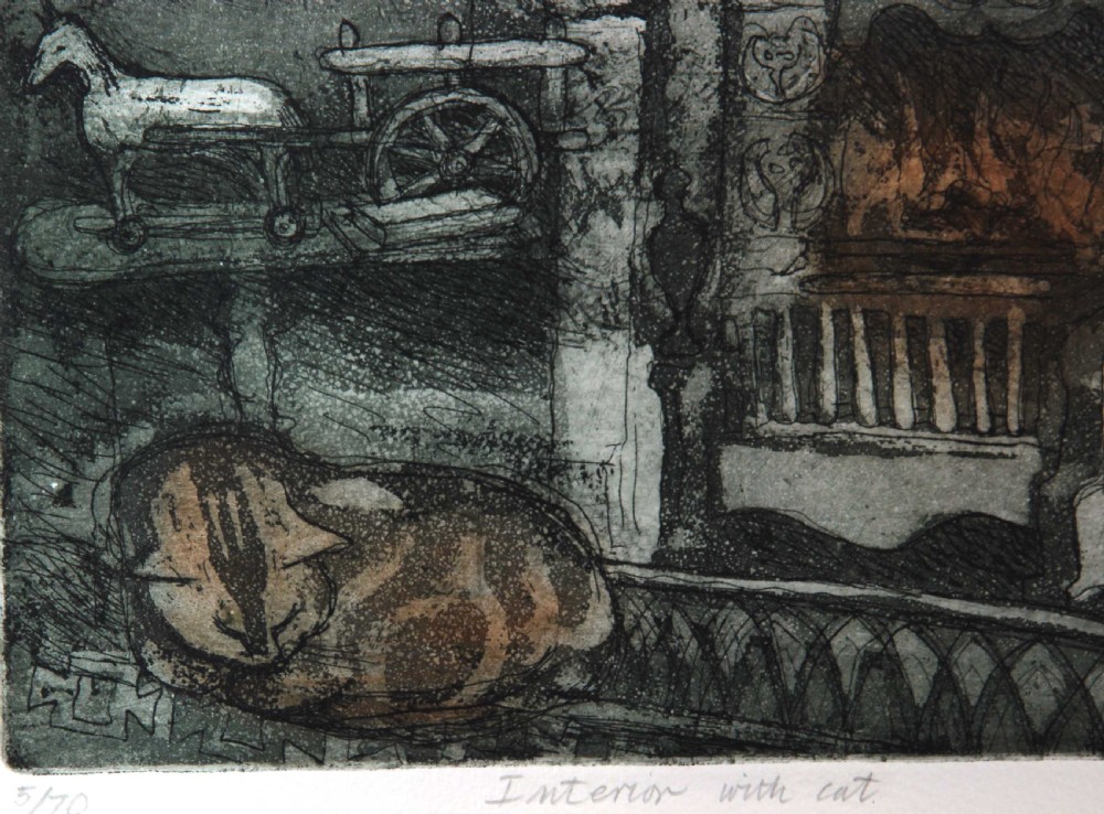 A colour etching depicting a sleeping cat on a surface in the foreground, set against a detailed fireplace hearth with decorative tiles and objects. View III