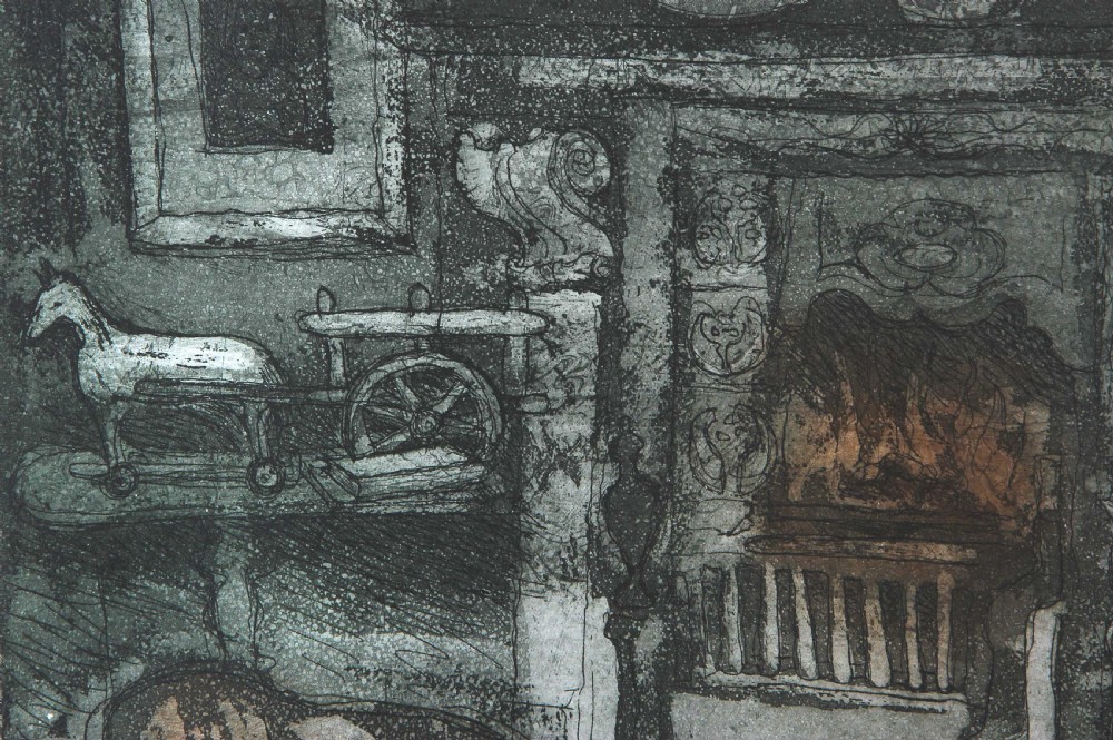 A colour etching depicting a sleeping cat on a surface in the foreground, set against a detailed fireplace hearth with decorative tiles and objects. View IV
