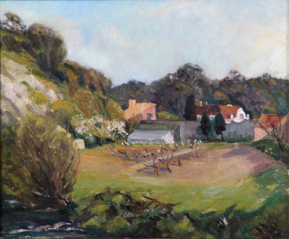 An oil painting depicting a British rural landscape with a hillside, orchard trees, and cottages under a light sky.