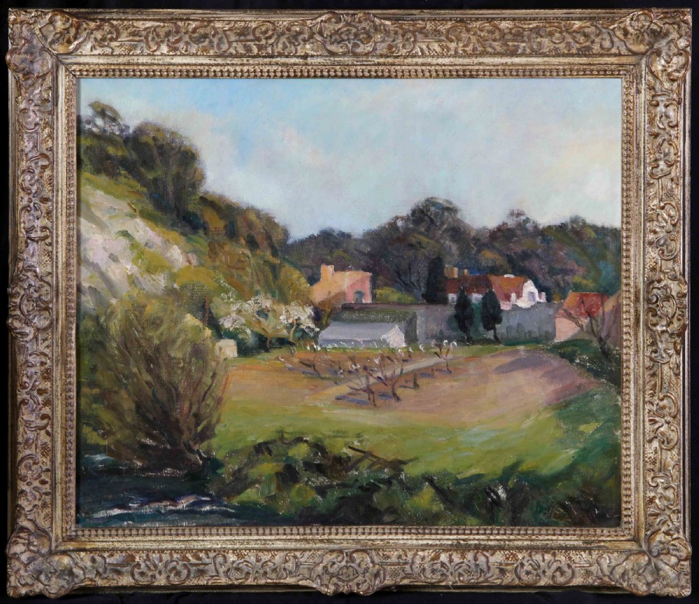An oil painting depicting a British rural landscape with a hillside, orchard trees, and cottages under a light sky. View II