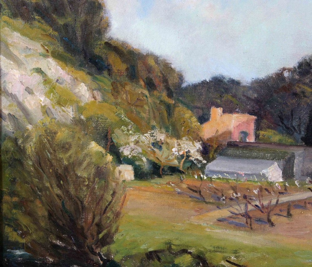 An oil painting depicting a British rural landscape with a hillside, orchard trees, and cottages under a light sky. View VI